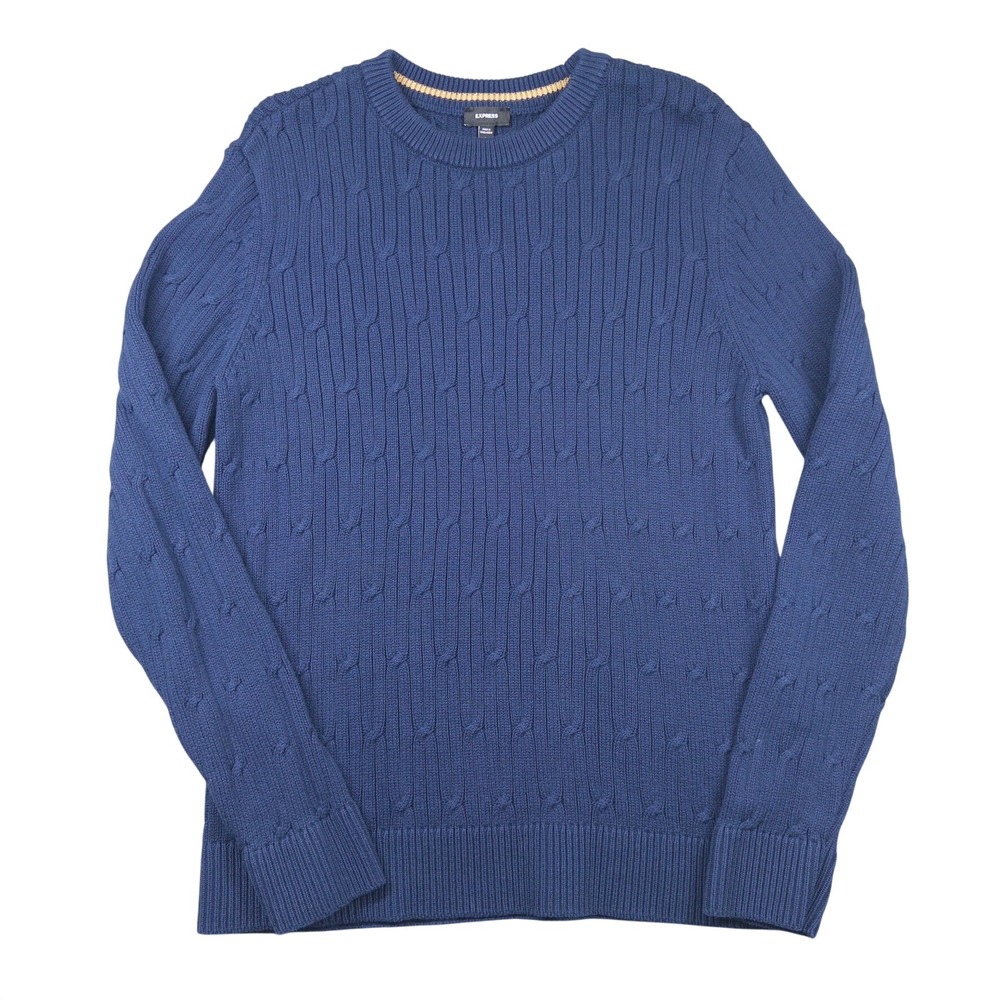 Express Cable Knit Sweater Mens Large Blue Cotton Crewneck Long Sleeve Pullover